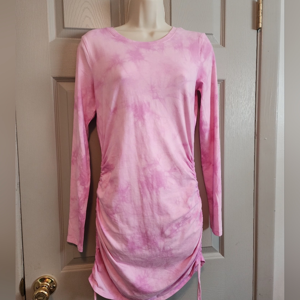 VS VICTORIAS SECRET PINK LONG SLEEVE RUCHED DRESS TOP PINK BLOOM TIE DYE S